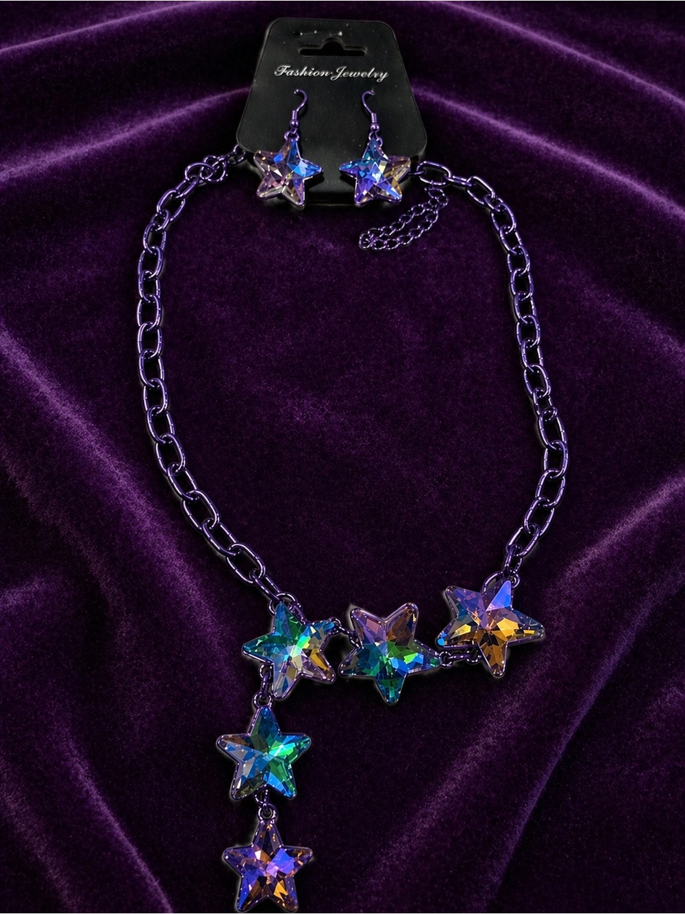 Fashion Jewelry Purple Chain Star Necklace and Earrings with Multicolor Crystals